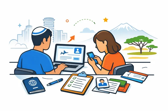 Flat or semi-flat vector illustration, clean lines, modern travel-tech feel, 2D or light isometric composition. Abstract faceless travelers from Israel using a laptop and smartphone to start a Kenya eTA application online, passport, checklist and travel documents on the desk. Calm, organized, safe atmosphere. Primary palette deep blue and turquoise, accent colors inspired by Kenya: savannah gold, muted green and warm red. Minimal white and light grey background with a faint outline of Nairobi skyline and Mount Kenya. No photorealism, no text, no watermark, no complex background.