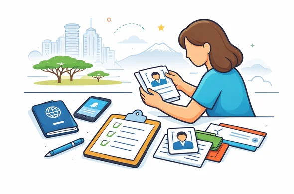 Flat vector illustration, modern SaaS travel service style, clean lines, semi-flat 2D composition. A desk with organized Kenya eTA preparation materials: passport, passport photo, smartphone, booking confirmation, flight itinerary, checklist with checkmarks, and a calm faceless support character arranging documents. Deep blue and turquoise primary palette with Kenya-inspired accents in savannah gold, muted green and warm red. Minimal white and light grey background with a faint silhouette of acacia trees and Nairobi skyline. No photorealism, no text, no watermark, no clutter.