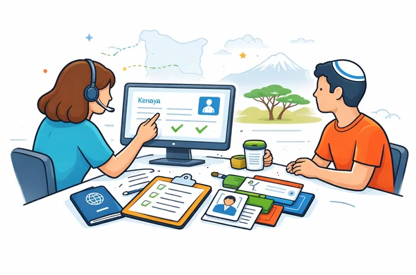 Flat or semi-flat vector illustration, clean modern tech style, 2D or subtle isometric layout. Faceless support professional reviewing Kenya eTA details on a screen with checkmarks, passport, travel itinerary, booking file and photo files, while a traveler sits calmly nearby. Organized, safe, efficient atmosphere. Deep blue and turquoise primary colors with Kenya-inspired accents in warm red, savannah gold and muted green. Minimal white and grey background with a faint outline of Kenya map and Nairobi skyline. No photorealism, no text, no watermark.