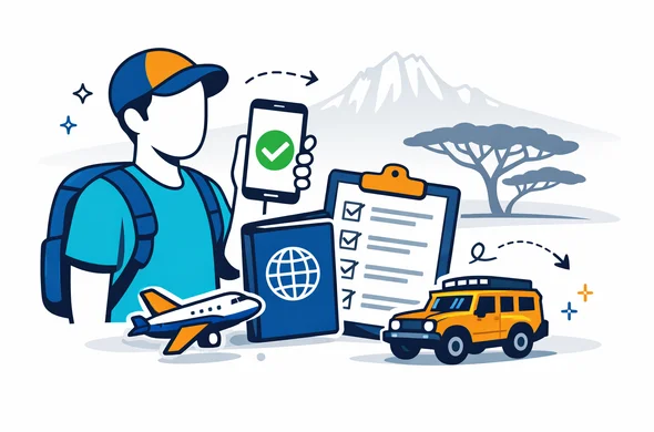 Flat semi-flat vector illustration with clean lines and a modern tech feel, isometric layout. A faceless abstract traveler holds a smartphone showing a generic approved checkmark (no readable text), next to a passport, a checklist, and small icons of an airplane and a safari jeep. Primary palette deep blue and turquoise, with Kenya accent colors in warm savannah orange and sun-gold. Minimal light grey background with a faint silhouette outline of Mount Kenya and an acacia tree. Calm, organized, efficient, safe atmosphere. No photorealism, no detailed faces, no logos, no legible text.