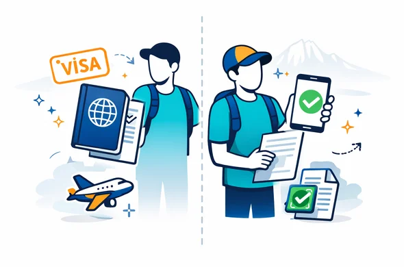 Flat vector infographic style illustration, split into two clean panels: left side shows a traditional visa stamp icon and passport, right side shows a smartphone with a generic approved checkmark and a digital document icon. Abstract faceless travelers stand between the panels holding documents. Primary palette deep blue and turquoise, Kenya accent colors in warm savannah orange and sun-gold. Minimal white background with a faint outline of Mount Kenya. Calm and organized modern tech look, clean lines, no photorealism, no legible text.