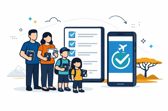 Flat/semi-flat vector illustration, modern tech feel, clean lines. A faceless family (two adults, two kids) standing next to a large digital checklist and a smartphone showing a travel authorization approval screen. They hold passports and a small folder of documents. Color palette: deep blue and turquoise as primary, with warm savannah accent (golden ochre) for Kenya. Minimal white/grey background with a faint outline silhouette of Mount Kenya and an acacia tree. Calm, organized, efficient atmosphere. Isometric or clean 2D, no photorealism, no detailed facial features.