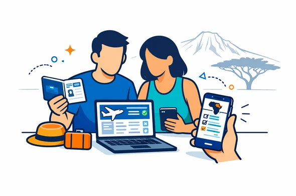 Flat/semi-flat vector illustration, modern tech feel, clean lines. A faceless traveler couple at a desk checking a passport, flight booking on a laptop, and a Kenya eTA form on a phone. Calm organized atmosphere. Primary palette deep blue and turquoise (Aid-Air brand), Kenya accent colors in warm safari orange/ochre. Minimal white/grey background with a faint outline silhouette of Mount Kenya and an acacia tree. No photorealism, no detailed faces, neutral skin tones.