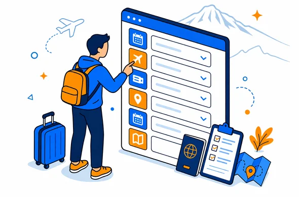 Flat vector illustration, isometric UI scene. A faceless traveler pointing at a large simplified form titled Kenya eTA with highlighted fields: Arrival date, Airline, Flight number, Port of entry, Departure date, Itinerary. Modern tech style, deep blue and turquoise with Kenya accent warm orange/ochre. Minimal background with faint silhouette outline of Mount Kenya. Calm, organized, safe. No photorealism.