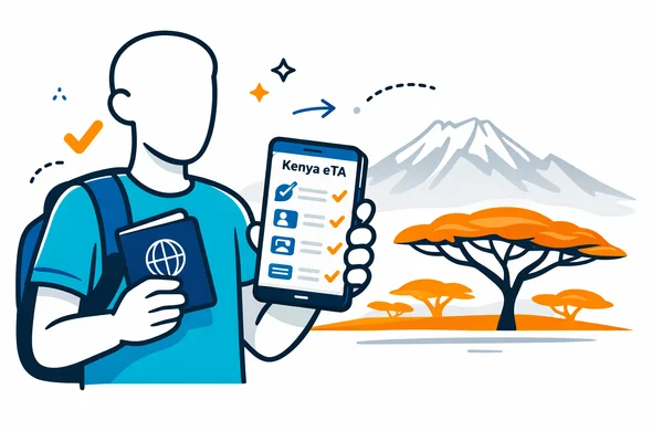 Flat/semi-flat vector illustration, clean lines, modern travel-tech feel. A faceless abstract traveler holding a passport and a smartphone with a checklist UI titled "Kenya eTA" (no real text required, just simple icons). Use Aid-Air deep blue and turquoise as primary colors, with Kenya accent colors in warm savanna orange and golden yellow. Minimal white/grey background with a faint outline silhouette of Mount Kenya and an acacia tree. Calm, organized, efficient atmosphere, 2D or slight isometric, no photorealism.