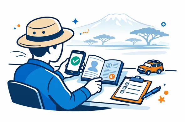Flat/semi-flat vector illustration, clean lines, modern tech feel. A faceless traveler at a tidy desk preparing for a Kenya safari: open passport, smartphone showing Kenya eTA Approved, a simple checklist, and a small safari jeep icon. Primary palette deep blue and turquoise, Kenya accent color warm savanna amber and orange. Minimal white and grey background with a faint outline silhouette of Mount Kenya and a subtle acacia tree line. Calm, organized, safe atmosphere. Isometric 2D style, no photorealism.