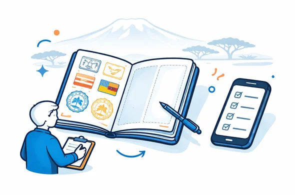 Flat vector illustration, clean lines, modern tech feel. An open passport showing multiple travel stamps on one side and two clearly empty blank pages on the other, with a subtle highlight around the blank pages. A small faceless character points with a pen, next to a smartphone showing a checklist. Deep blue and turquoise primary palette, Kenya accent warm amber and orange. Minimal white and grey background with a faint Mount Kenya outline. Calm, organized, safe, non-photorealistic.