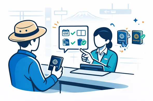 Flat/semi-flat vector illustration, clean lines, modern tech feel. A faceless traveler at an airport check-in counter holding a passport, while a staff member points at a simple checklist icon showing six months validity, two blank pages, and eTA approved. On the side, a small damaged passport icon with water stain contrasted with a clean passport icon. Primary deep blue and turquoise palette, Kenya accent warm amber and orange. Minimal white and grey background with a faint Mount Kenya outline and subtle airport signage shapes. Calm, organized, safe atmosphere, not photorealistic.