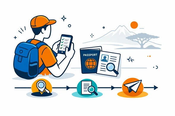 Flat or semi-flat vector illustration, clean lines, modern travel-tech vibe, 2D with light isometric touch. A faceless abstract traveler holding a smartphone with a step-by-step checklist, next to passport and document icons. A clear roadmap timeline with three milestones labeled: collect details, check documents, submit and track. Primary colors deep blue and turquoise, Kenya accent warm savannah gold and sunset orange. Minimal white/grey background with a faint outline silhouette of an acacia tree and Mount Kenya. Calm, organized, efficient atmosphere, no photorealism.