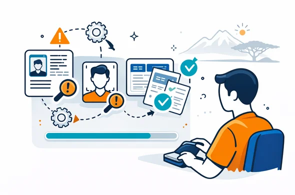 Flat vector illustration, modern tech workflow dashboard. Abstract faceless character and automation icons reviewing a passport scan, a selfie photo, and itinerary files. Visual elements: error check marks, warning triangle, and a clean progress bar. Deep blue and turquoise primary palette, Kenya accent warm savannah gold. Minimal white background with faint silhouette of an acacia tree and Mount Kenya. Calm organized secure atmosphere, clean lines, not photorealistic.