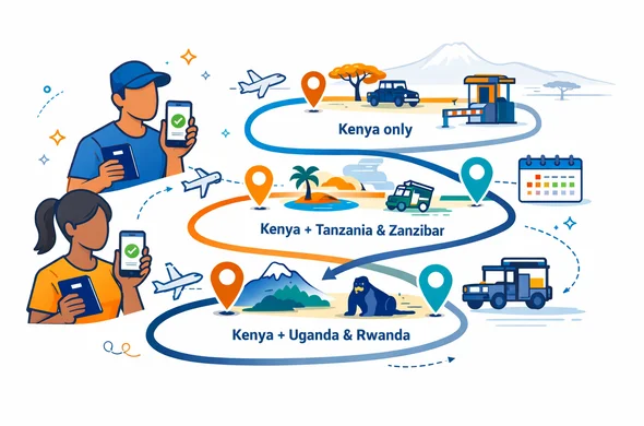 Flat or semi-flat vector illustration with clean lines and a modern travel-tech feel, slight isometric perspective. A clear roadmap graphic that highlights three safari travel routes with labeled nodes: Kenya only, Kenya plus Tanzania and Zanzibar, Kenya plus Uganda and Rwanda. Abstract faceless travelers with neutral skin tones hold passports and smartphones showing a digital eTA approval screen with a checkmark. Include small icons for airplane, border checkpoint, safari jeep, and calendar timeline to signal planning. Primary color palette deep blue and turquoise (Aid-Air brand), with Kenya accent color warm savannah gold and soft orange highlights. Minimal white and light grey background with a faint outline silhouette of Mount Kenya and an acacia tree in the distance. Calm, organized, efficient atmosphere, no photorealism, no detailed facial features, crisp vector shading, high resolution.