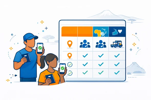 Flat vector illustration, clean lines, modern tech comparison board. A large dashboard-style panel that visually resembles a comparison table for safari routes, with columns and rows as rounded cards. On the side, abstract faceless characters hold a passport folder and a phone displaying eTA approved badge. Use deep blue and turquoise as primary colors, Kenya accent warm golden orange for highlights and headers. Add small icons: single country pin, multi-country map, group travelers, honeymoon heart, and safari jeep. Minimal white/grey background with a faint outline of Mount Kenya and subtle safari landscape silhouette. Calm, safe, efficient vibe, semi-flat shading, no photorealism, high resolution.