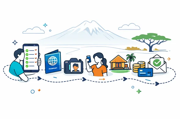 Flat/semi-flat vector illustration, modern tech feel, clean lines, isometric layout. A calm roadmap showing Kenya eTA application flow: phone screen checklist, passport icon, selfie/photo icon, accommodation icon, payment icon, approval email icon. Primary colors deep blue and turquoise (Aid-Air brand). Kenya accent colors: warm savanna amber and subtle safari green. Minimal white/grey background with a faint outline of Mount Kenya and an acacia tree silhouette. Abstract faceless neutral characters preparing documents, organized and safe, not photorealistic.