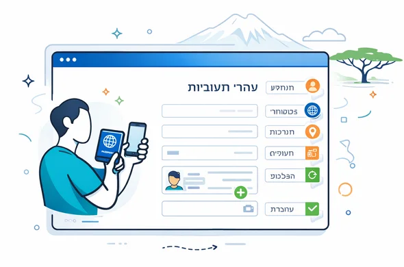 Flat/semi-flat vector illustration, clean lines, modern UI. A stylized web form screen for Kenya eTA with Hebrew callout labels (no real logos), showing sections: Personal Details, Passport Details, Travel Details, Uploads, Review. Checkmarks next to completed items. Abstract faceless character holding a passport and phone. Primary deep blue and turquoise palette, Kenya accents in warm amber and safari green. Minimal background with faint Mount Kenya outline. Calm, organized, secure, not photorealistic.