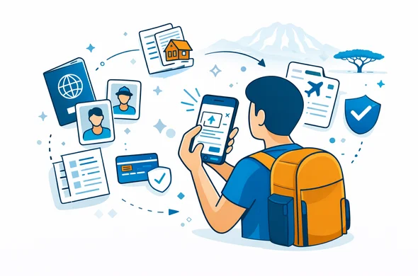 Flat or semi-flat vector illustration, clean modern tech style, isometric composition. Abstract faceless traveler using a smartphone to fill an online Kenya eTA form and upload documents. Icons around: passport scan, selfie photo frame, hotel booking document, flight itinerary, payment card, and a shield for security. Deep blue and turquoise primary palette, with safari gold accents for Kenya. Minimal white and light grey background with a faint outline silhouette of Mount Kenya and a small acacia tree. Calm, organized, efficient, safe atmosphere, not photorealistic.