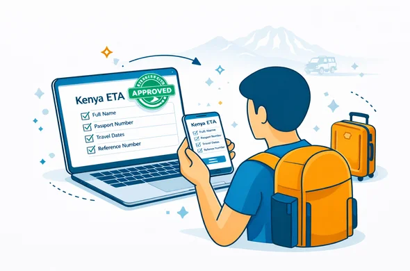 Flat or semi-flat vector illustration, clean lines, modern tech feel. Abstract faceless traveler reviewing an approved Kenya eTA document on a laptop and phone, with a clear checklist: full name, passport number, travel dates, reference number. Include an APPROVED stamp icon and a small suitcase icon. Deep blue and turquoise primary palette with safari gold accents. Minimal white and light grey background with a faint outline silhouette of Mount Kenya and a subtle safari jeep outline. Calm, organized, secure atmosphere, not photorealistic.