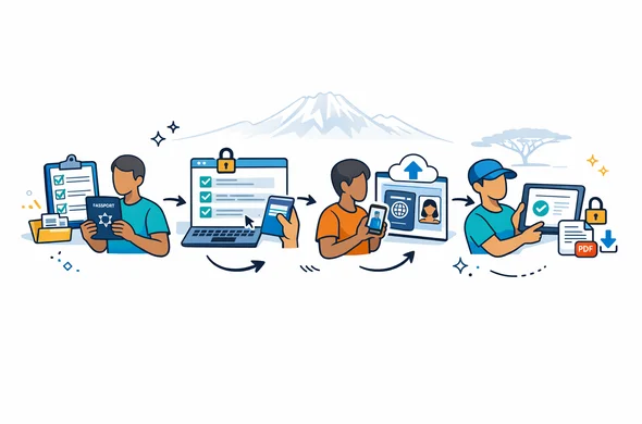 Flat or semi-flat vector illustration, clean lines, modern tech feel, isometric 2D. A clear 4-step roadmap for applying to Kenya eTA: (1) gather documents checklist, (2) fill online form, (3) upload passport scan and portrait photo, (4) receive approval and download PDF. Primary color palette deep blue and turquoise (Aid-Air brand), Kenya accent color warm savannah gold. Abstract faceless characters with neutral skin tones holding a passport and a smartphone, small UI icons (checkmarks, lock, cloud). Calm, organized, safe atmosphere. Minimal white/light grey background with a faint outline silhouette of Mount Kenya and a subtle acacia tree.