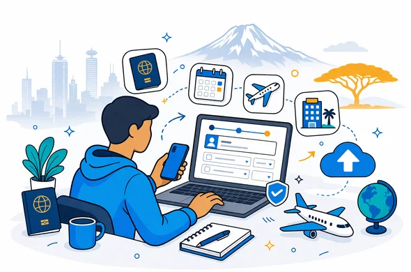 Flat vector illustration, clean lines, modern tech UI style, isometric 2D. An abstract faceless traveler sitting at a desk with a laptop and phone, filling an online Kenya eTA application form (no readable text), with floating icons: passport, calendar, airplane, hotel, upload arrow. Deep blue and turquoise primary palette, Kenya accent color warm savannah gold. Minimal white/grey background with a faint outline silhouette of Nairobi skyline and Mount Kenya. Calm, efficient, secure mood.