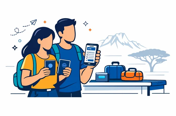 Flat/semi-flat vector illustration, clean lines, modern travel-tech feel. A faceless couple holding passports and a smartphone showing an online eTA form, standing in an organized check-in style scene. Color palette: deep blue and turquoise as primary, with Kenya accent colors (warm savanna orange and golden sand). Minimal white/grey background with a faint outline silhouette of Mount Kenya and an acacia tree. Calm, efficient, safe atmosphere, no photorealism, no detailed facial features.