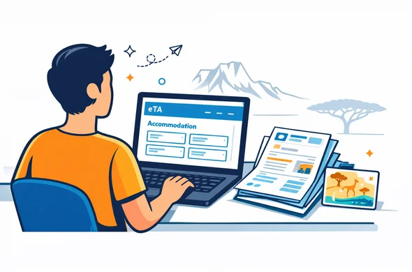 Flat/semi-flat vector illustration, clean lines, modern tech UI. A faceless traveler at a desk with a laptop showing an online eTA form section labeled Accommodation, next to a neat stack of booking confirmations and a small safari map icon. Primary colors deep blue and turquoise, Kenya accent warm savanna orange. Minimal white/grey background with faint Mount Kenya outline. Calm, organized, efficient, safe. No photorealism, no readable real logos.