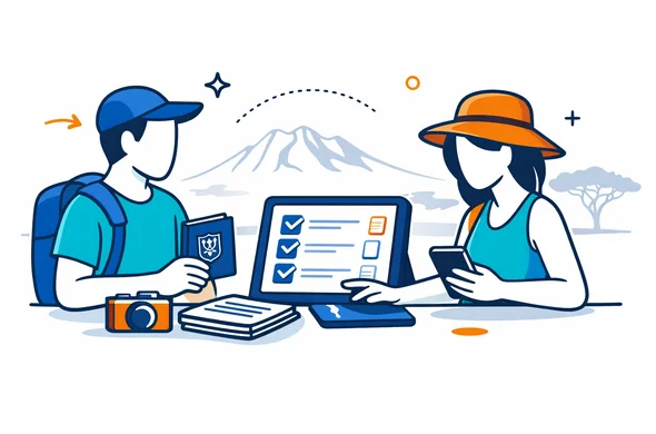 Flat or semi-flat vector illustration, clean lines, modern tech feel, 2D or light isometric. Two abstract faceless travelers at a desk organizing a passport, phone, and document checklist on a tablet UI. Primary colors deep blue and turquoise (Aid-Air brand). Kenya accent color warm savannah gold and soft orange highlights. Calm organized atmosphere. Minimal white/grey background with a faint outline silhouette of Mount Kenya and an acacia tree.