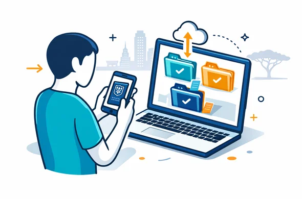 Flat vector illustration, clean modern tech UI, isometric file management scene. Abstract faceless person holding a smartphone scanning a passport and uploading files into organized folders on a laptop screen. Primary deep blue and turquoise. Kenya accent warm savannah gold. Minimal white/grey background with faint outline of Nairobi skyline and an acacia tree. Calm, secure, efficient mood.
