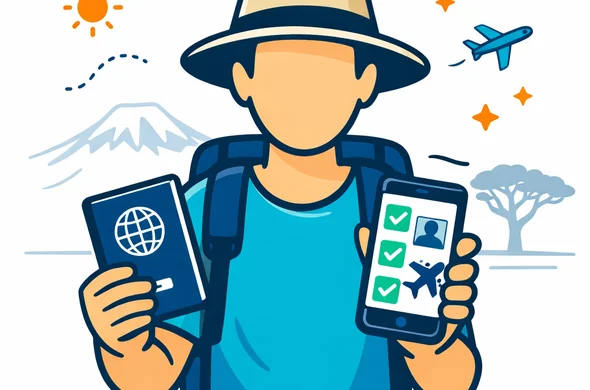 Flat or semi flat vector illustration, modern travel tech feel, faceless abstract traveler holding passport and smartphone with Kenya ETA checklist icons, deep blue and turquoise primary palette with warm savanna orange and golden yellow accents, calm organized safe atmosphere, minimal white and light grey background, faint outline of Mount Kenya and an acacia tree, 2D or slight isometric, clean lines, no text, no watermark, non photorealistic