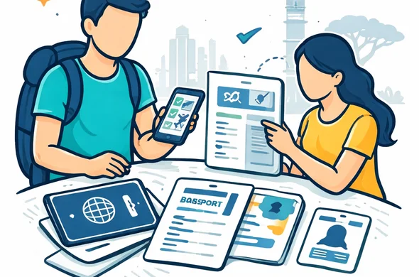 Flat vector illustration, organized travel document preparation scene, faceless abstract characters arranging passport, phone, hotel booking, flight details and passport photo for Kenya ETA application, deep blue and turquoise primary palette with warm savanna orange and golden yellow accents, calm efficient atmosphere, minimal white and grey background, faint outline of Nairobi skyline and acacia tree, 2D or slight isometric, clean lines, no text, no watermark, non photorealistic