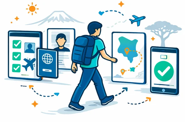 Flat or semi flat vector illustration, step by step digital journey for Kenya ETA application, faceless abstract traveler moving through organized screens with checklist, passport, approval icon and travel route symbols, deep blue and turquoise primary palette with warm savanna orange and golden yellow accents, calm safe efficient mood, minimal white and light grey background, faint outline of safari landscape with acacia tree and Mount Kenya, 2D or slight isometric, clean lines, no text, no watermark, non photorealistic