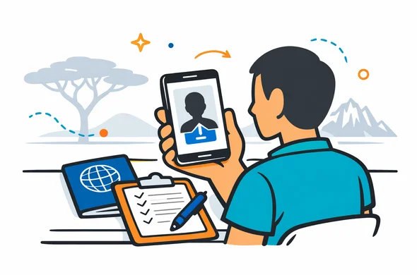 Flat vector illustration, modern tech feel, clean lines, semi-isometric. A traveler holding a smartphone showing a passport-photo upload screen, with a passport and a checklist on a desk. Calm organized workspace. Primary palette deep blue and turquoise (Aid-Air brand). Kenya accent color: warm safari amber and savanna gold. Minimal white/grey background with a faint silhouette outline of an acacia tree and Mount Kenya in the distance. Abstract faceless characters, neutral tones, no distinct facial features, no photorealism.