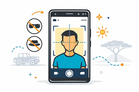 Flat/semi-flat vector illustration, clean lines, modern UI overlays. A smartphone camera view framing a head-and-shoulders passport photo with guide lines, a neutral faceless character centered, with a bright plain background. On the side, small icons showing: no sunglasses, no hat, good lighting. Primary deep blue and turquoise palette with Kenya safari accent amber/gold. Minimal white/grey background with a faint outline of a safari jeep and acacia tree. Calm, efficient, not photorealistic.