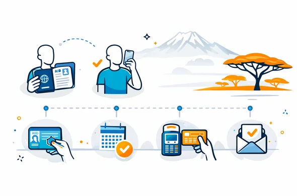 Flat/semi-flat vector infographic, clean lines, modern tech travel style. A step-by-step timeline with 6 icons: passport scan, selfie photo, itinerary, accommodation, payment, approval email. Faceless abstract figures, neutral tones, Aid-Air deep blue and turquoise, Kenya accents in savanna orange/gold. Minimal light grey background with a faint outline of an acacia tree and Mount Kenya. Calm, organized, efficient. 2D or slight isometric, no photorealism.