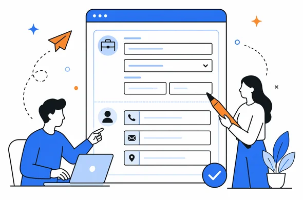 Flat semi-flat vector illustration of a digital travel form showing employment and contact fields being filled in neatly, abstract faceless characters, calm organized atmosphere, minimal background, modern tech feel, Aid-Air palette.