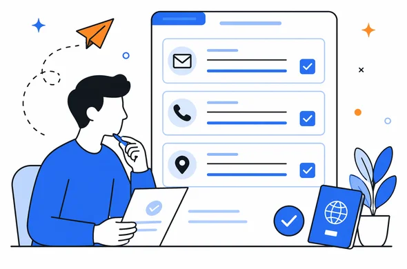 Flat semi-flat vector illustration of a person reviewing email, phone number and address fields on a travel authorization form, clean modern interface, abstract faceless characters, calm organized mood, minimal background, Aid-Air palette.
