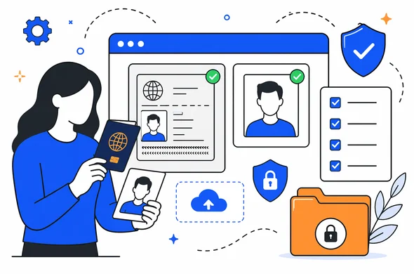 Flat semi-flat vector illustration of reviewing passport scan and photo before online upload, checklist, secure file panel, faceless abstract characters, clean modern tech atmosphere, minimal background, Aid-Air palette