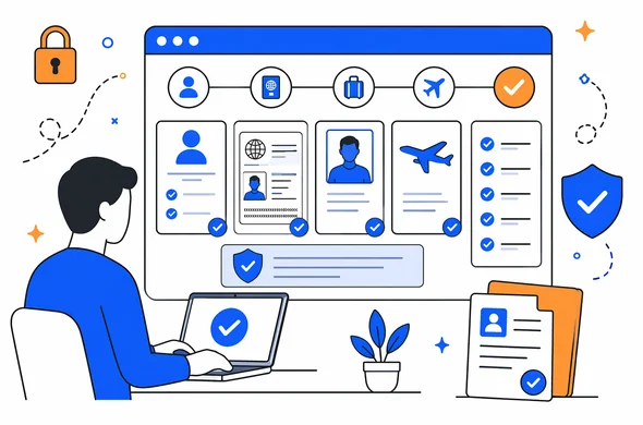 Clean flat vector illustration of a user reviewing an online visa application before submission, step-by-step panels, shield and checklist icons, calm organized atmosphere, faceless abstract characters, minimal background, Aid-Air palette