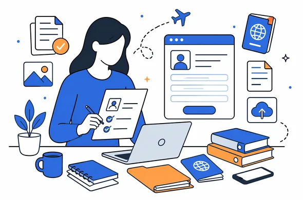 flat semi-flat vector illustration, abstract traveler organizing documents and digital form before application, clean modern interface, faceless characters, calm organized atmosphere, minimal background, Aid-Air palette
