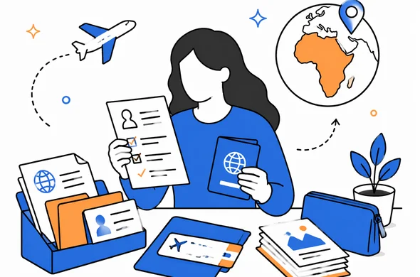 Flat semi-flat vector illustration, clean modern tech feel, faceless abstract characters organizing travel documents for Kenya, calm organized atmosphere, minimal background, Aid-Air palette