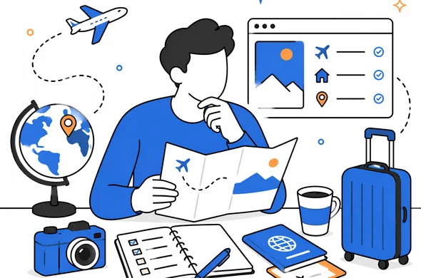 Flat semi-flat vector illustration, clean modern tech feel, faceless abstract traveler reviewing itinerary and travel details before flying to Kenya, calm organized atmosphere, minimal background, Aid-Air palette