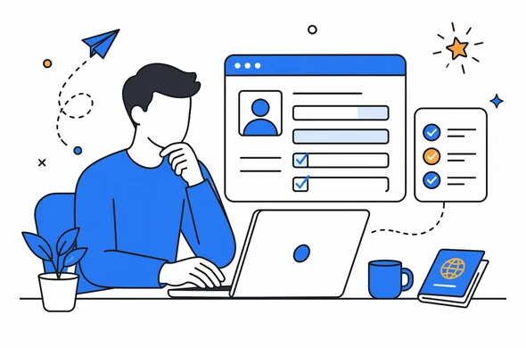 Flat semi-flat vector illustration of a traveler reviewing an online ETA form on a laptop, calm organized workspace, abstract faceless characters, clean modern tech feel, minimal background, Aid-Air palette.