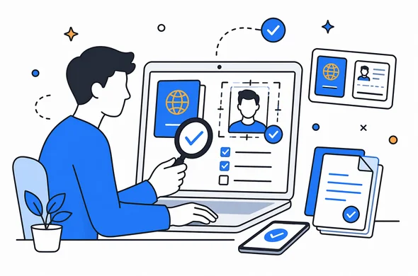 Flat semi-flat vector illustration of organized digital document checking, passport scan and profile photo on screen, abstract faceless characters, clean modern tech interface, minimal background, calm atmosphere, Aid-Air palette.