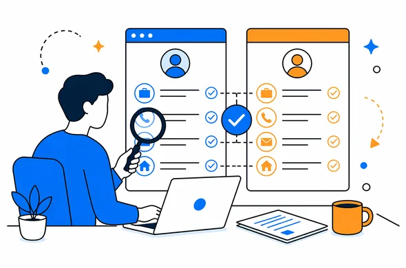 Flat semi-flat vector illustration, clean modern interface showing consistency check between employment information and Kenya ETA form, faceless abstract characters, calm organized atmosphere, minimal background, Aid-Air palette.