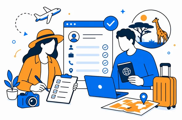 Flat semi-flat vector illustration, faceless abstract travelers preparing for Kenya safari with organized ETA form and travel checklist, calm modern tech feel, minimal background, Aid-Air palette.