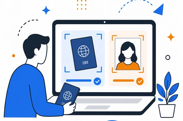 flat semi-flat vector illustration, passport scan and portrait photo files being prepared on a laptop screen, clean modern tech feel, faceless abstract characters, calm organized atmosphere, minimal background, Aid-Air palette