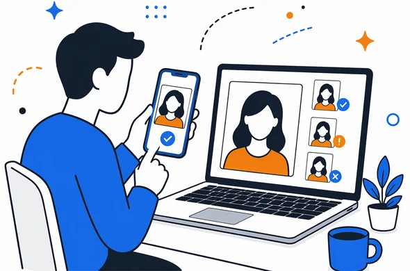 flat semi-flat vector illustration, user reviewing portrait photo quality on phone and laptop before upload, clean modern tech feel, faceless abstract characters, calm organized atmosphere, minimal background, Aid-Air palette