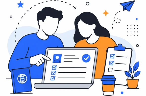 Flat semi-flat vector illustration, faceless abstract characters reviewing a Kenya ETA application form on laptop, calm organized atmosphere, minimal background, clean modern tech feel, Aid-Air palette.