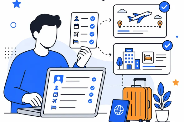Flat semi-flat vector illustration, abstract faceless traveler matching flight and hotel details with ETA form, clean modern tech feel, calm organized atmosphere, minimal background, Aid-Air palette.