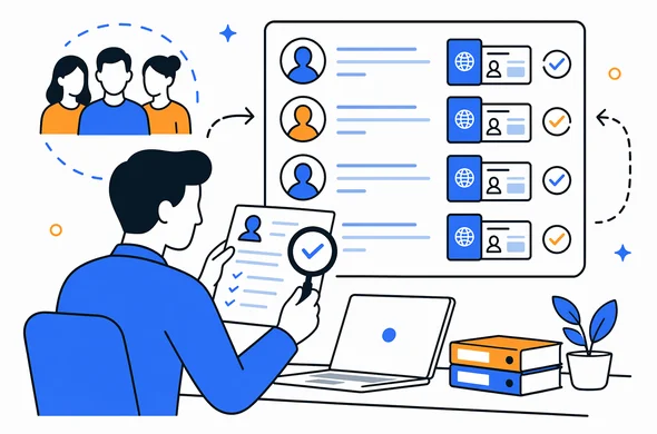 Flat semi-flat vector illustration of reviewing individual traveler documents inside a group booking workflow, faceless abstract characters, clean modern interface, minimal background, Aid-Air palette