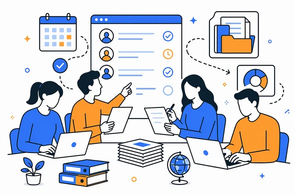 Flat semi-flat vector illustration of travel agency team organizing multiple visa authorization requests calmly and efficiently, faceless abstract characters, minimal background, modern tech feel, Aid-Air palette