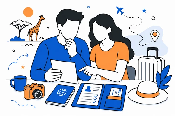 Flat semi-flat vector illustration of a couple planning a Kenya honeymoon trip, organized travel documents on table, calm modern tech feel, faceless abstract characters, minimal background, Aid-Air palette.
